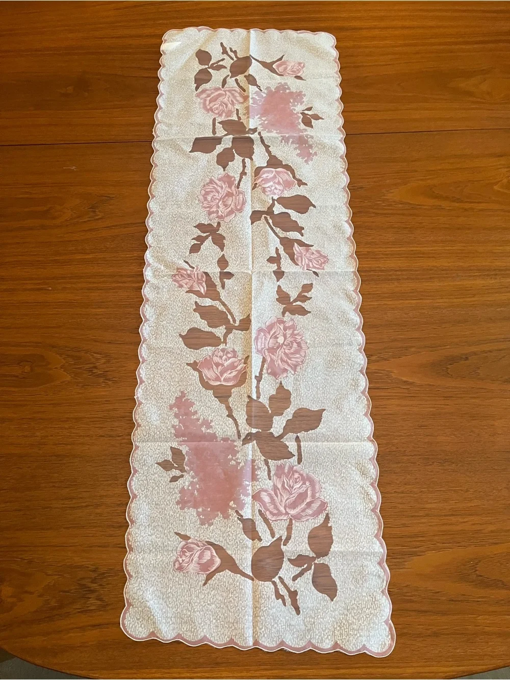Vintage Japanese New Chiffon Pink Floral Table Runner Scalloped edge.